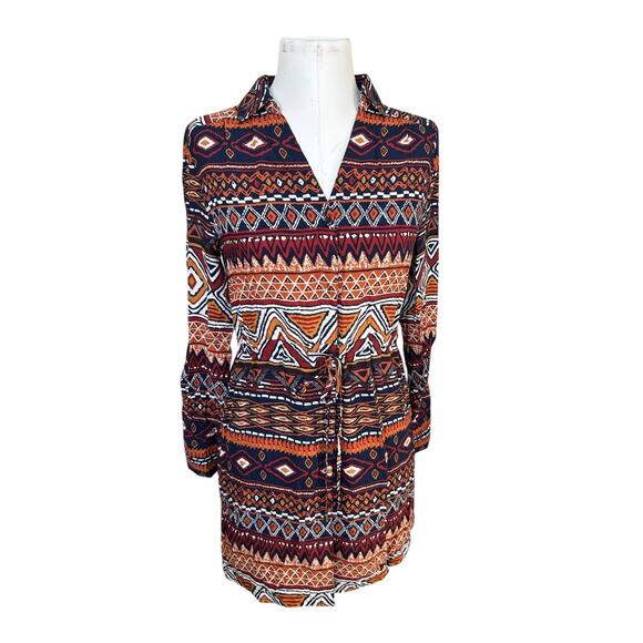 entro Dresses & Skirts - NEW Entro Women's Ikat Geometric Print Draw String Shirt Dress Boho Colorful S